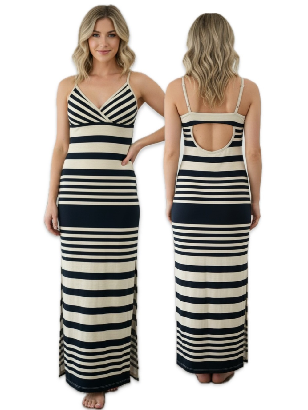 Razzle Dazzle Blue Striped Cut Out Slit Maxi Dress S